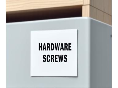 A close-up of a neatly labeled storage bin with a modern, minimalist label reading 'Hardware - Screws', showing clear identification for quick retrieval of items.