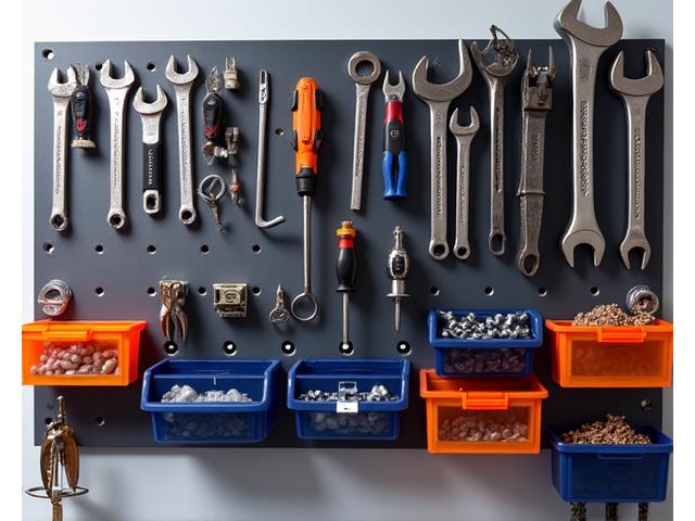 A sleek, dark gray metal pegboard system mounted on a garage wall, showcasing various tools neatly hung with hooks and small magnetic bins for screws and nails.